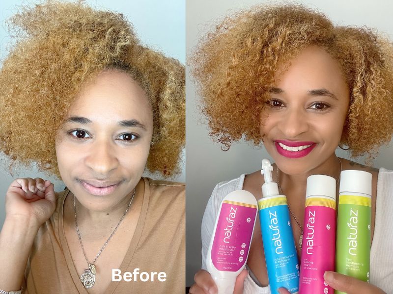 Before and after image showing hair before a wash and go with the moisture burst system and defined and hydrated hair after care and styling