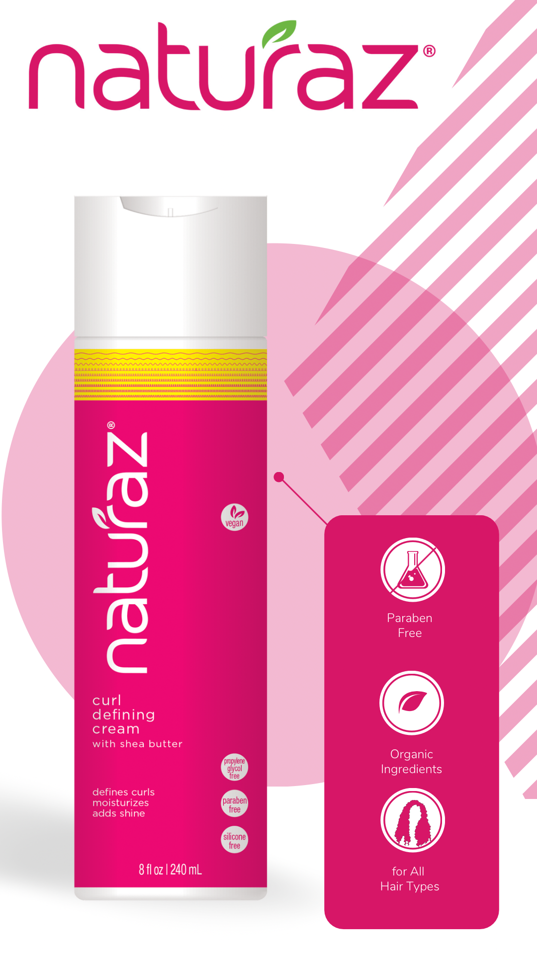 Image showing that the Curl Defining Cream is great for all hair types, contains organic ingredients, is paraben free