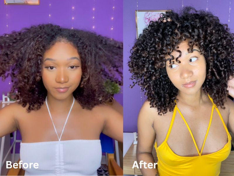 Before and after image showing hair before a wash and go with the moisture burst system and defined and hydrated hair after care and styling