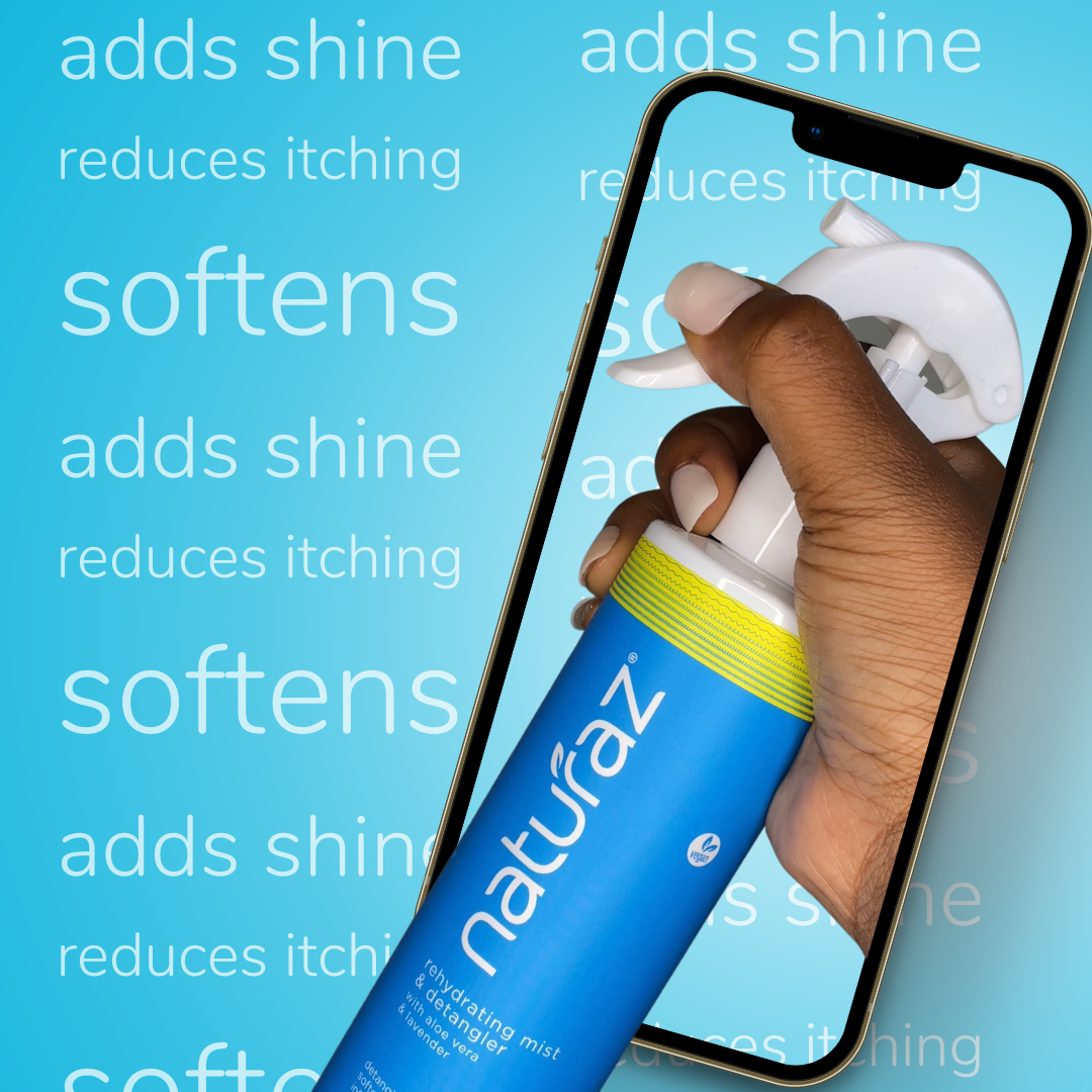 Image of the Naturaz Rehydrating MIst & Detangler with softens, adds shine, reduces itching